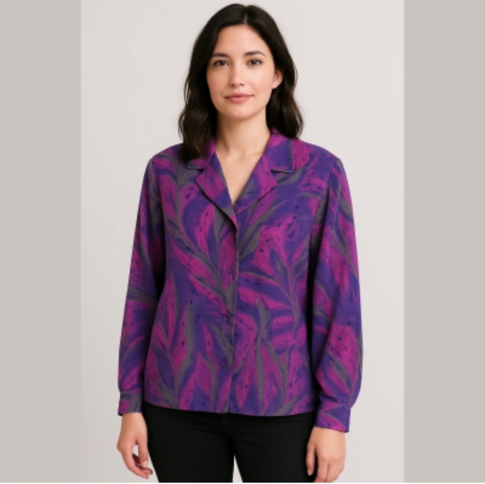 Vintage 80s/90s Blouse Blazer Long Sleeve Purple Gray Floral Vintage Button Down